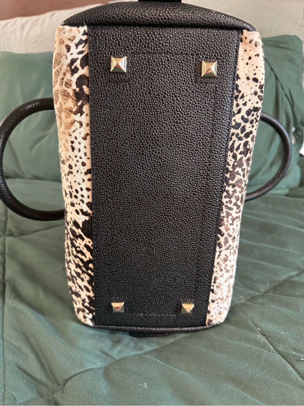 Black and White Cowhide-Print Satchel with Black Leather Trim - Picture 4 of 7
